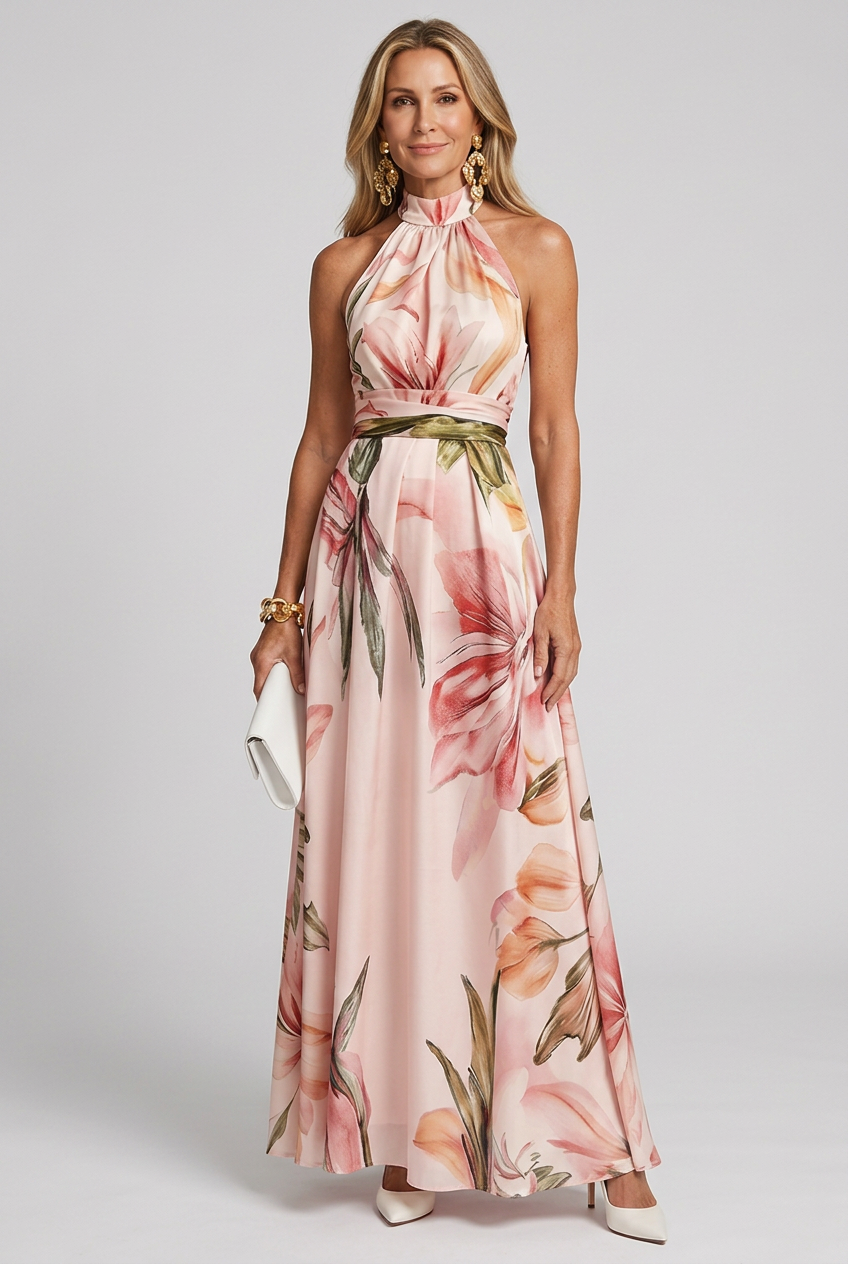 Women's elegant floral halter maxi dress, perfect for summer parties or vacation. Flowing sleeveless style.