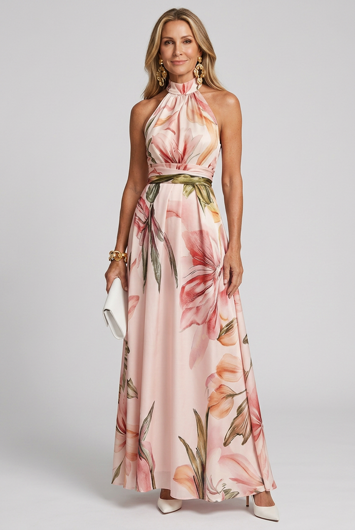 Women's elegant floral halter maxi dress, perfect for summer parties or vacation. Flowing sleeveless style.