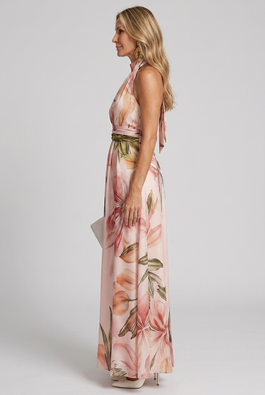 Flowing floral halter maxi dress for women, ideal for summer, beach vacations & elegant events. Sleeveless style.