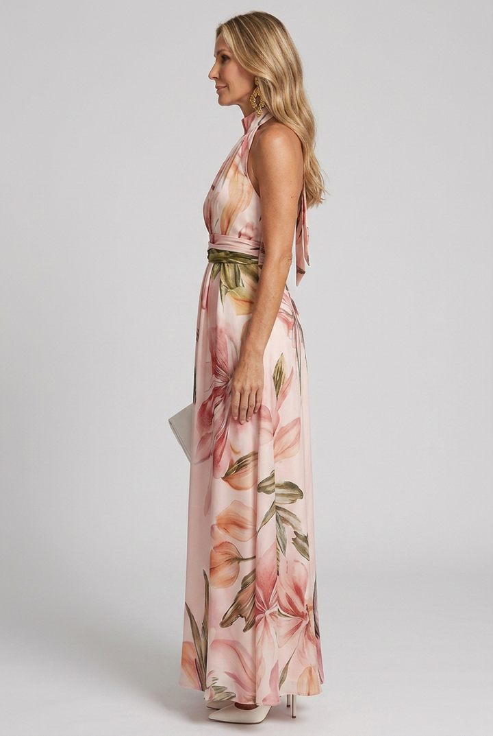 Flowing floral halter maxi dress for women, ideal for summer, beach vacations & elegant events. Sleeveless style.