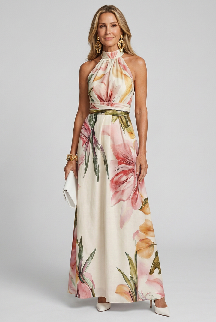 Vibrant floral halter maxi dress for women. Elegant flowing summer style, perfect as a party or vacation dress.