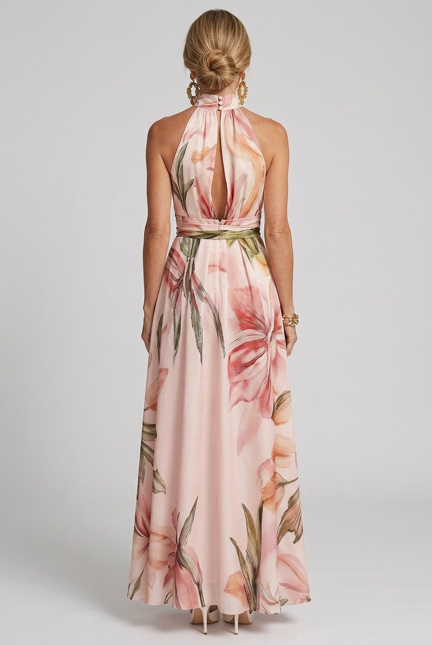 Elegant women's floral print halter neck maxi dress. Flowing summer style, perfect for parties & vacation wear.