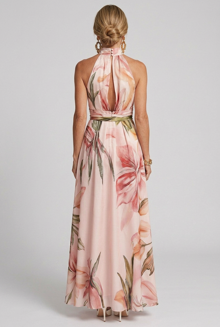 Elegant women's floral print halter neck maxi dress. Flowing summer style, perfect for parties & vacation wear.
