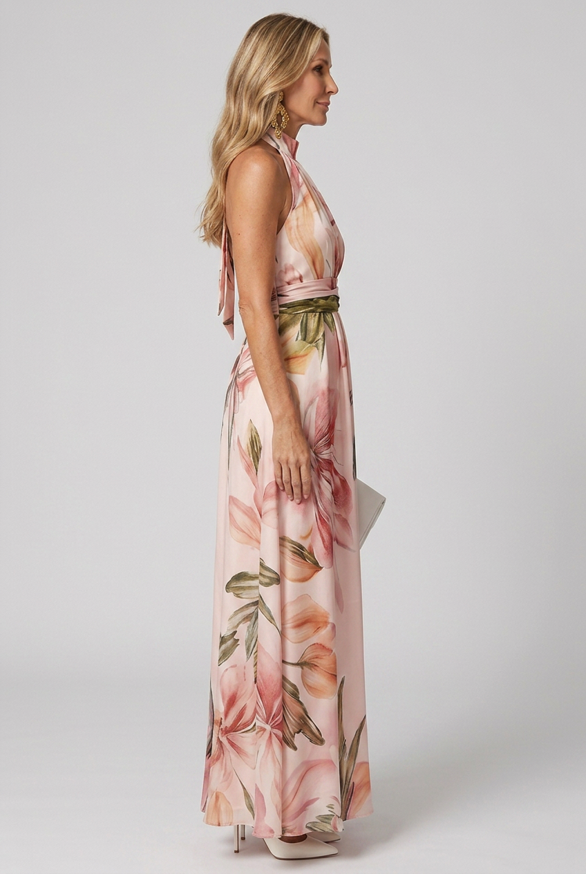 Boho-chic women's floral halter maxi dress. Elegant, flowing sleeveless summer style, ideal for beach & parties.