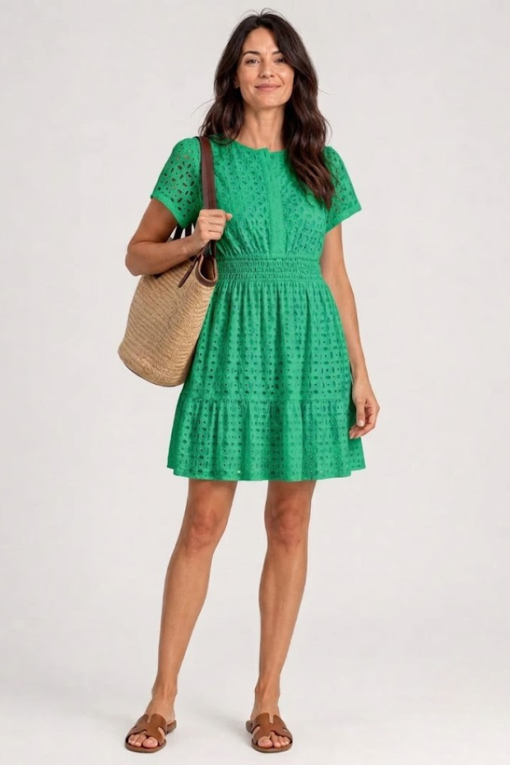Fashionable eyelet flutter sleeve mini dress, a chic women's summer outfit with a tiered hem for sunny days.