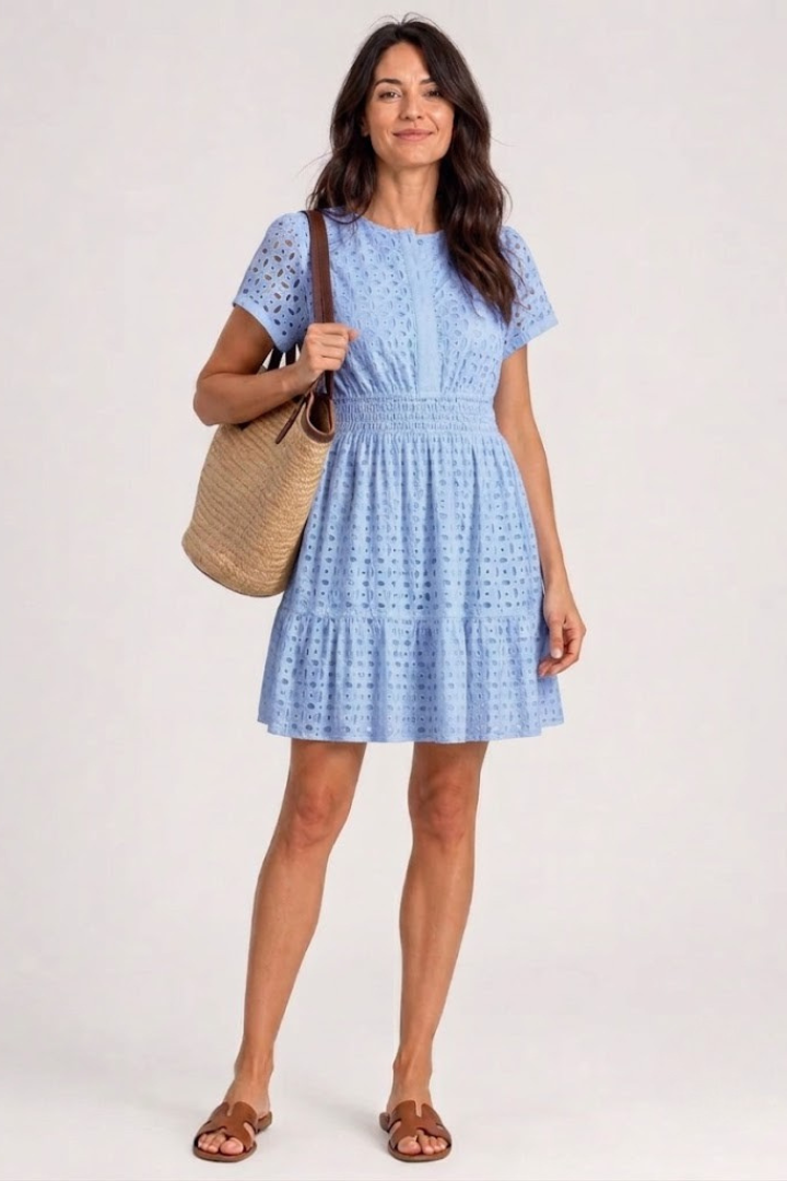 Elegant women's eyelet mini dress featuring flattering flutter sleeves and a stylish tiered short hem.