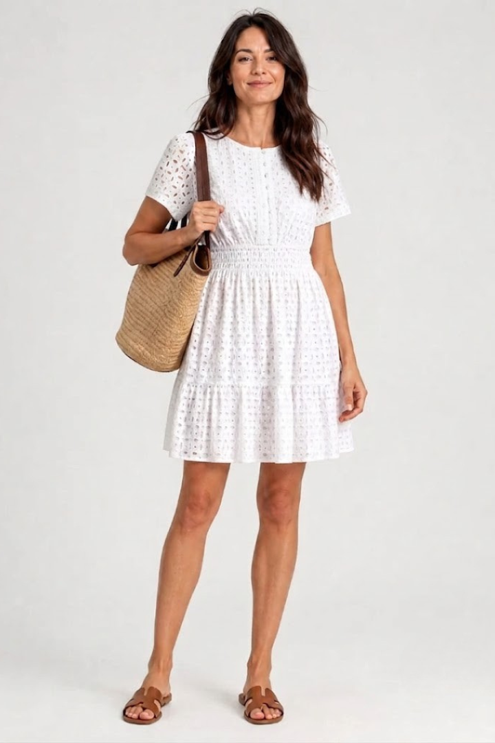 Women's flutter sleeve eyelet mini dress with a tiered hem, perfect for casual summer days and warm weather.