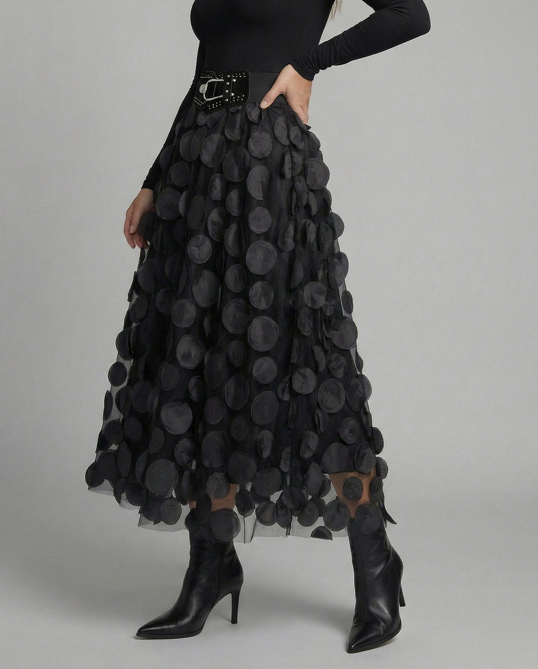 Chic women's polka dot patchwork maxi skirt. Elegant long skirt for versatile fashion & party wear.