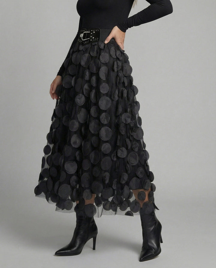 Chic women's polka dot patchwork maxi skirt. Elegant long skirt for versatile fashion & party wear.
