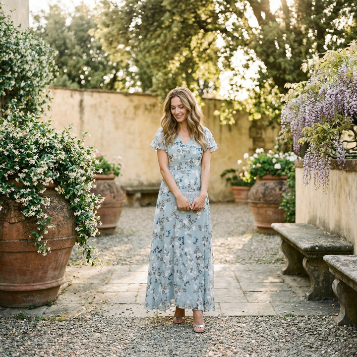 Beautiful floral print maxi dress for women, with a chic V-neck, a stunning choice for special occasions.
