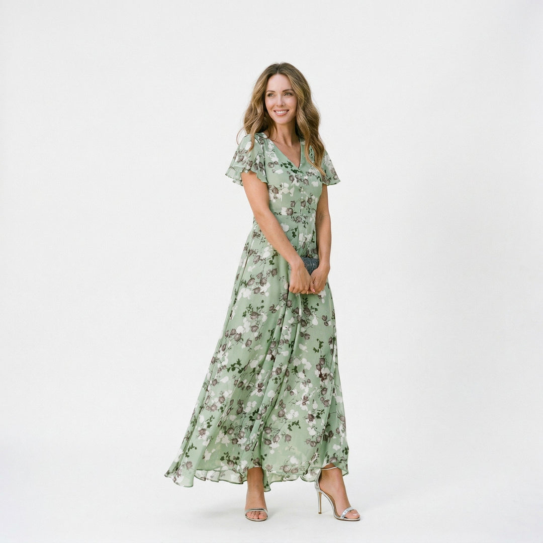 Women's sophisticated floral maxi dress featuring a flattering V-neck, suited for wedding guests.