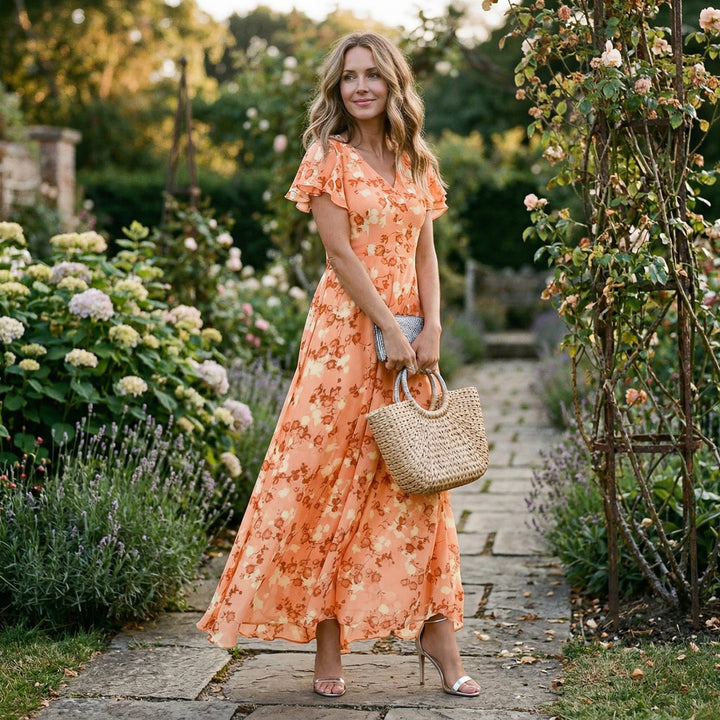 Romantic floral V-neck maxi dress for women. A chic choice for summer occasions, garden parties & evening events.