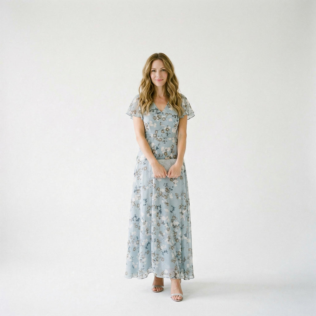 Stylish V-neck floral maxi dress, a perfect elegant party or special occasion dress for women.