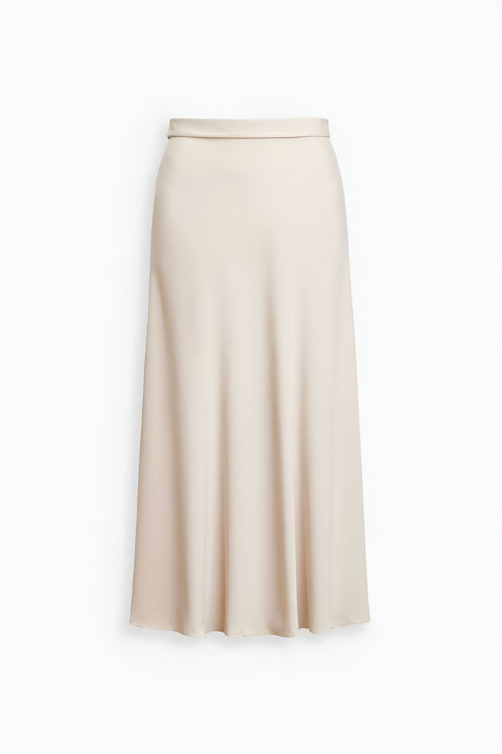 Women's elegant high-waisted A-line midi skirt. A versatile flared design suitable for office, smart casual, & everyday.