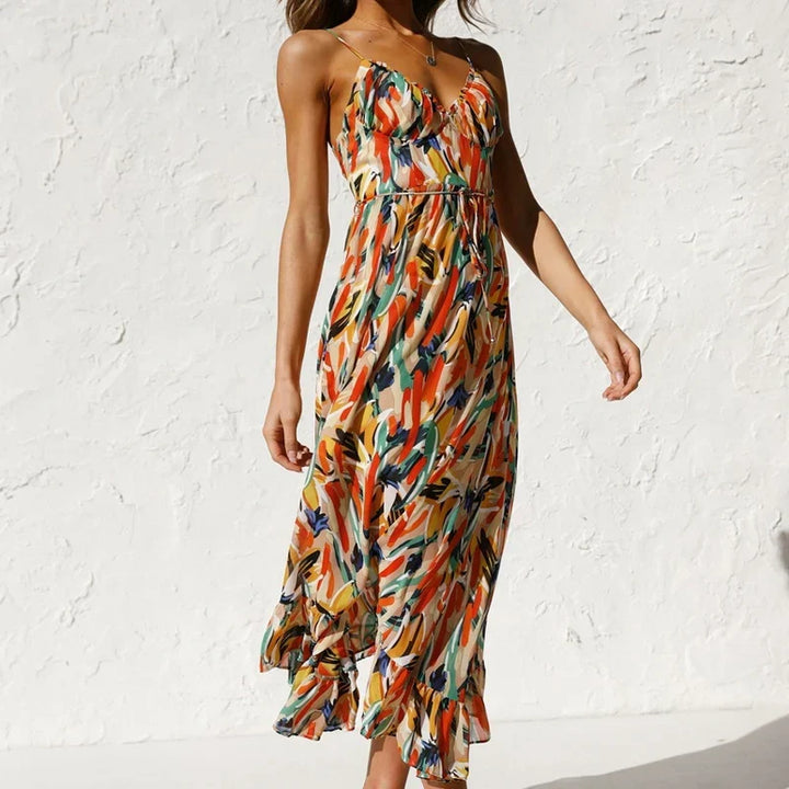 Elegant Clara women's sleeveless v-neck printed maxi dress, perfect for summer holidays & evening occasions.