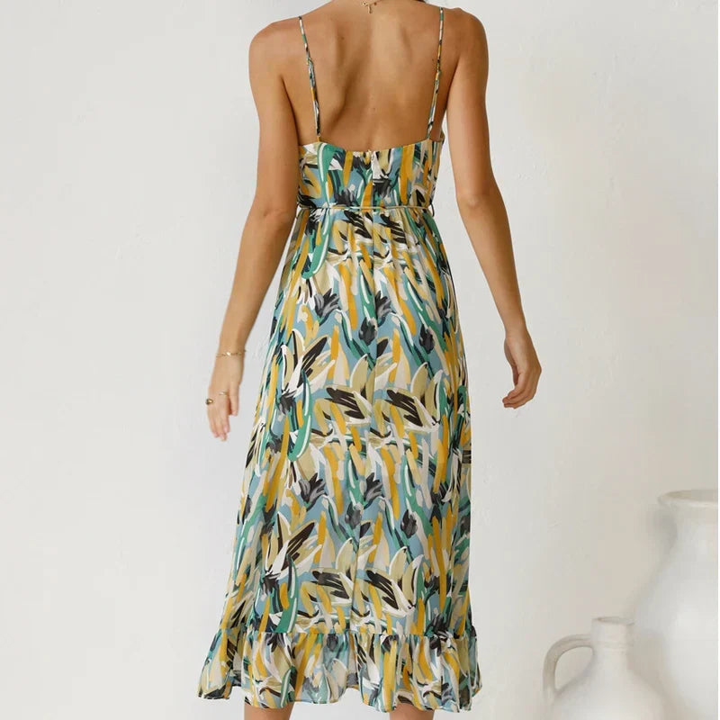 Clara Elegant women's sleeveless v-neck printed maxi dress, a chic summer occasion wear for holidays.
