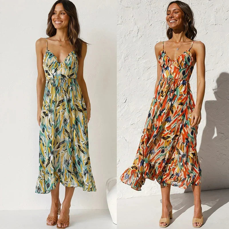 Clara women's printed flowy maxi dress, sleeveless v-neck, ideal for summer, holidays, and elegant casual wear.