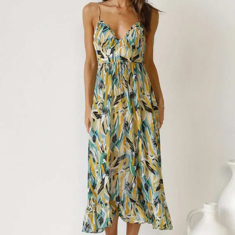 Versatile Clara elegant women's printed maxi dress, sleeveless v-neck design for day, evening, or holiday.