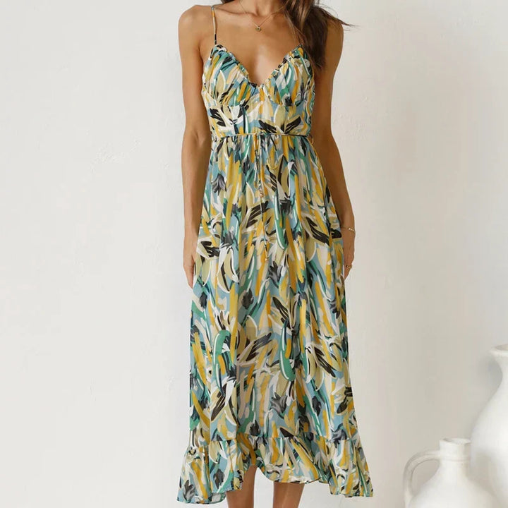 Versatile Clara elegant women's printed maxi dress, sleeveless v-neck design for day, evening, or holiday.