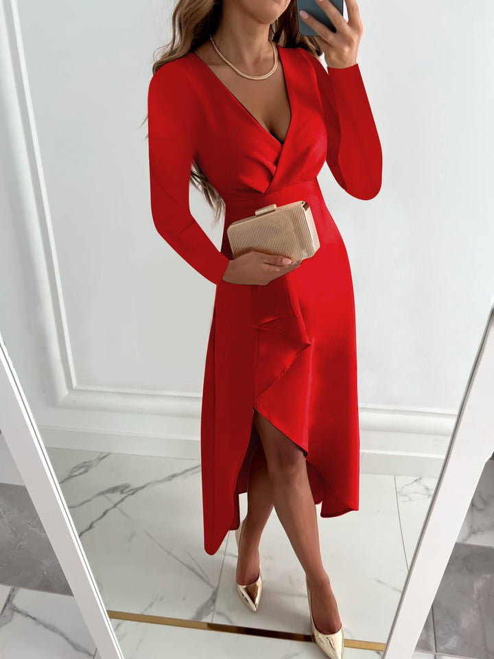 Chic women's V-neck midi sheath dress, designed with a flattering silhouette and a sophisticated leg slit.