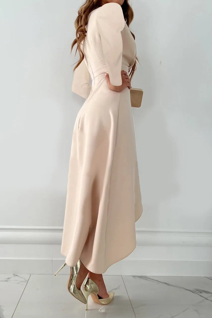 Versatile women's V-neck midi dress, a chic sheath design with a leg slit, ideal for casual or elegant wear.