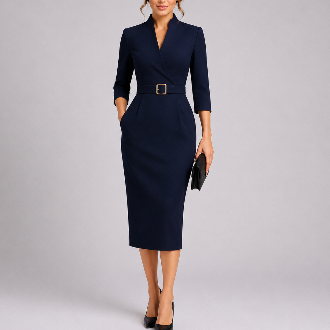 Elegant women's fitted midi dress with V-neck, long sleeves, and matching belt. Perfect for work or formal occasions.
