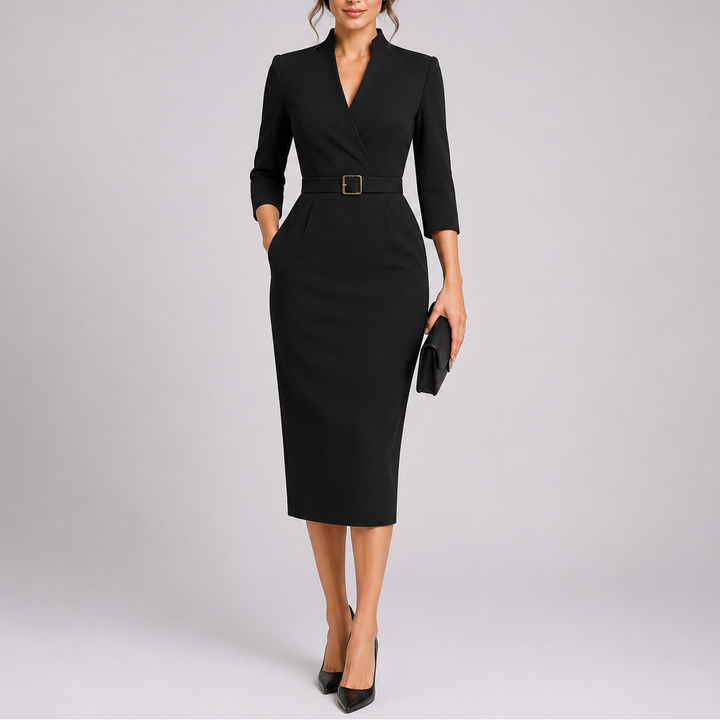 Formal women's belted midi dress with V-neck & long sleeves. A flattering, elegant choice for events & workwear.