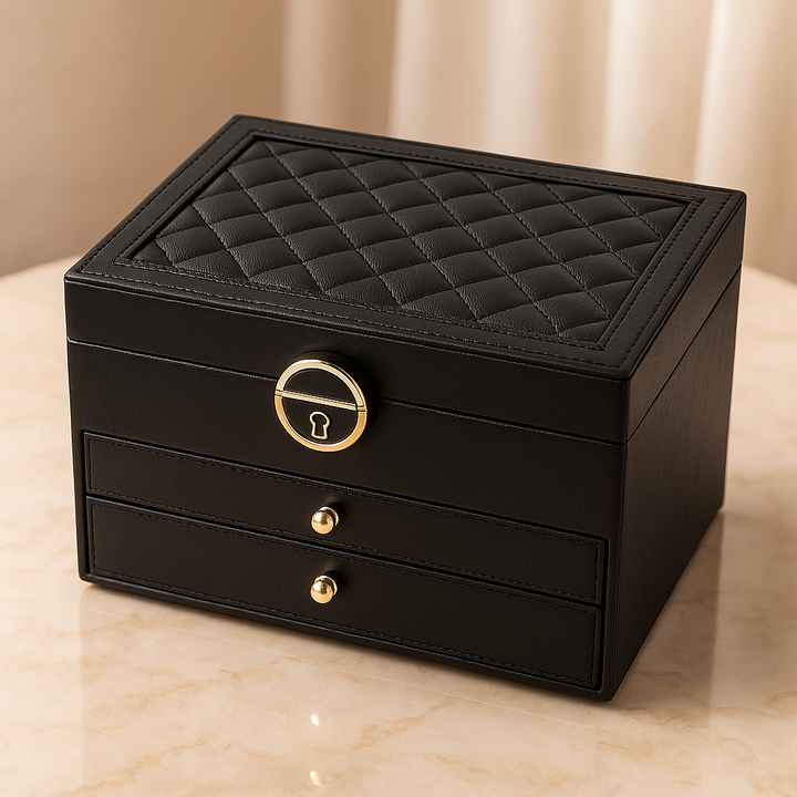 Luxury compact jewelry storage box with drawers, ideal for dresser or vanity. Keeps valuables organized.