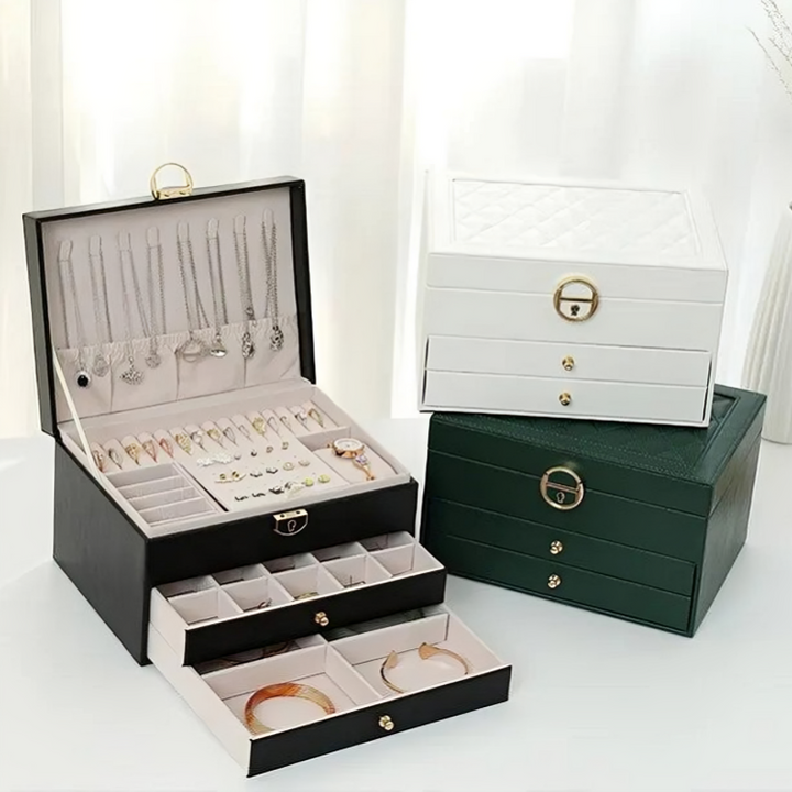 Premium women's jewelry storage box with drawers, lock, & compact design. Keeps all accessories tidy.