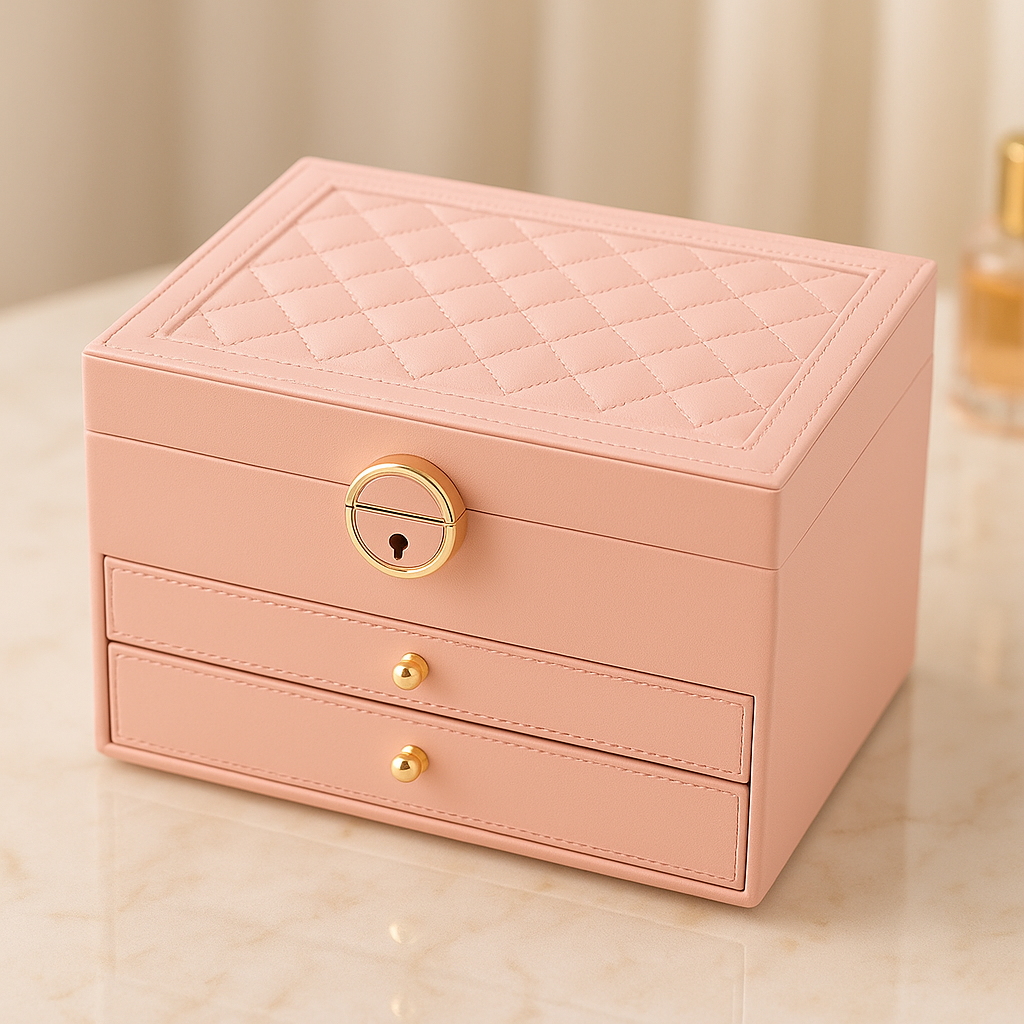 Women's elegant jewelry organizer with secure lock & velvet-lined drawers for precious accessories.