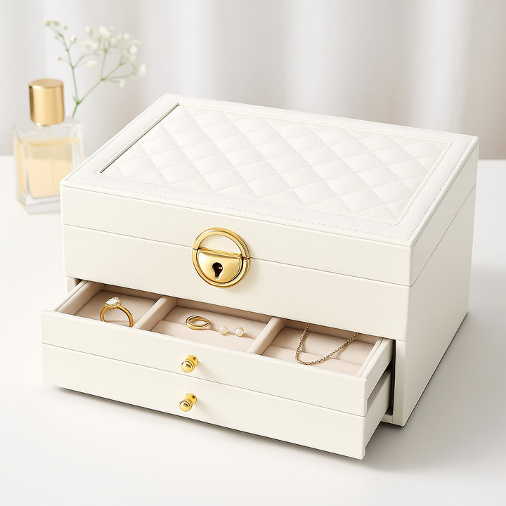 Multi-layer luxury jewelry box with multiple drawers for rings, necklaces, & earrings. Compact storage.