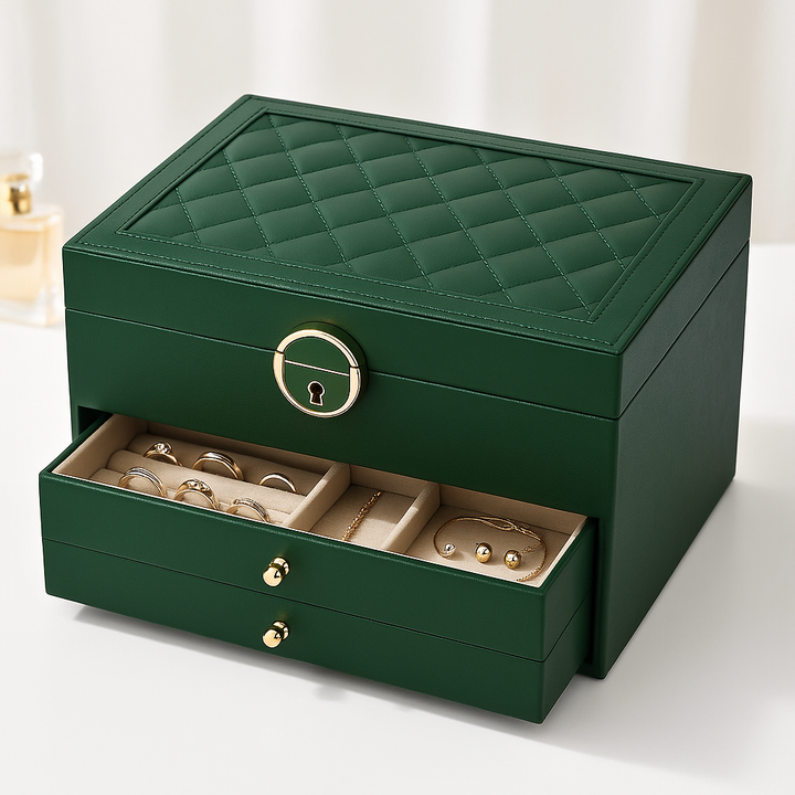 Elegant women's multi-layer jewelry organizer with drawers & lock. Perfect luxury storage box for vanity.