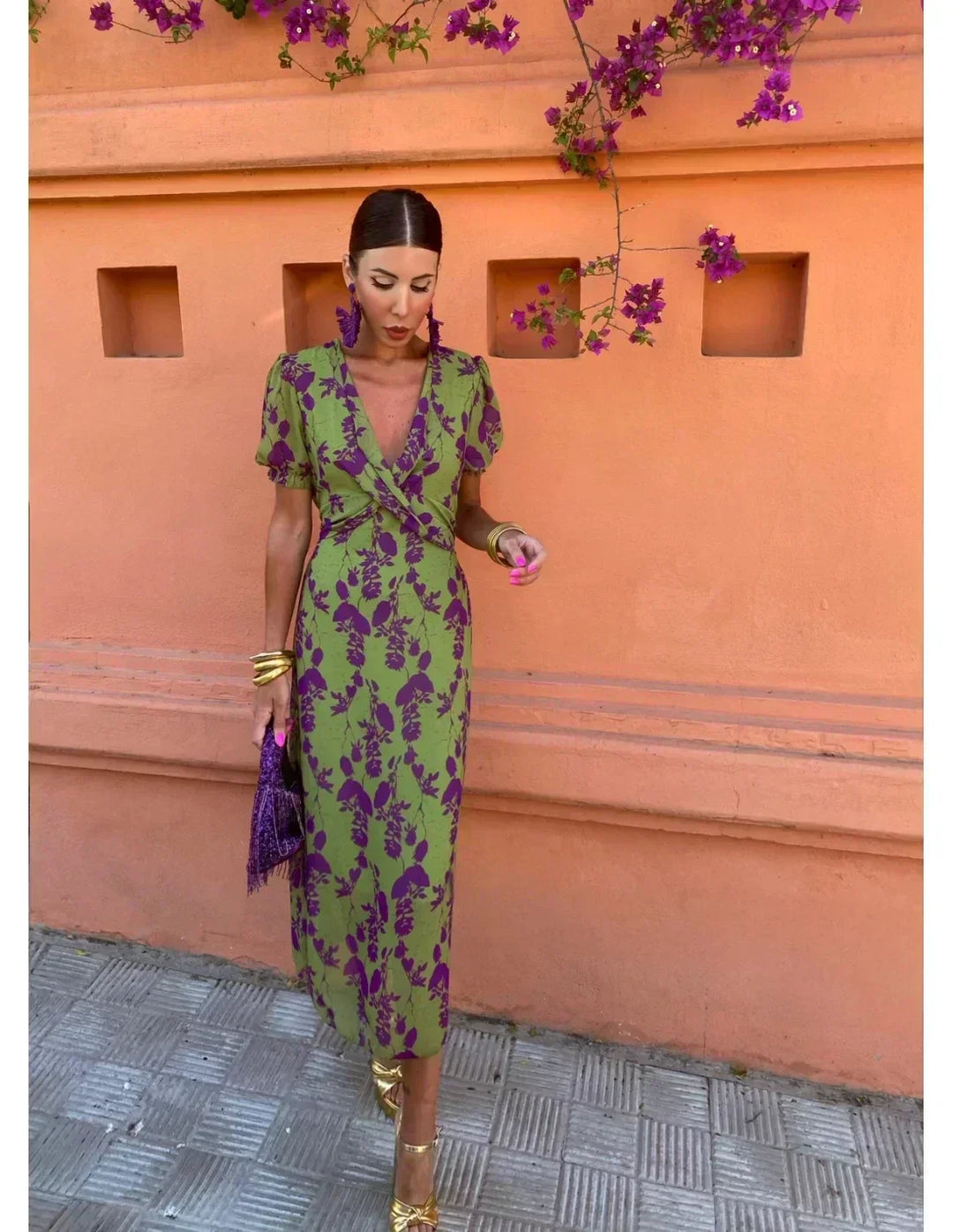 Green floral women's maxi dress with a sophisticated wrap V-neck. A versatile short sleeve dress for casual or elegant wear.