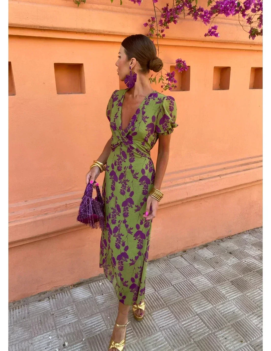 Beautiful women's floral print maxi dress. Features an elegant wrap V-neck design, perfect for spring fashion.