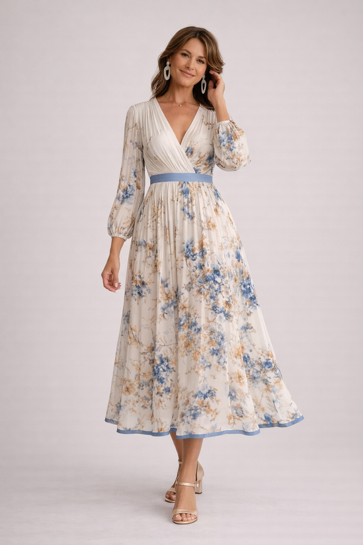 Comfortable women's long maxi dress with a beautiful floral print, ideal for summer or special occasions.