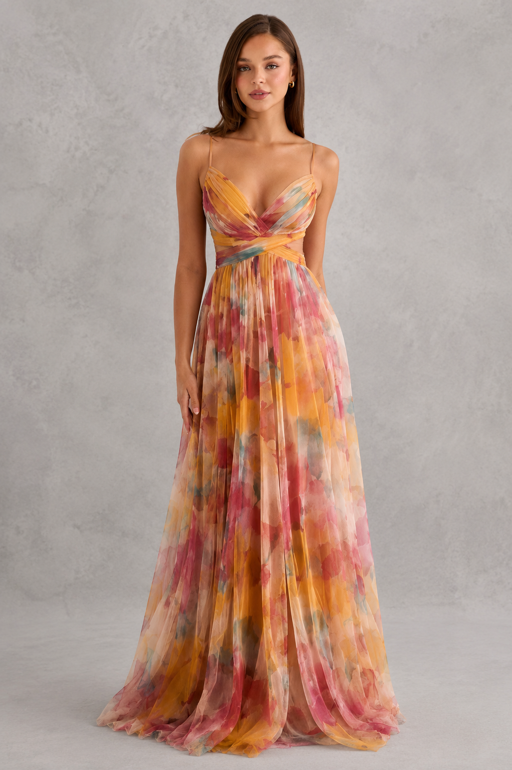Woman in elegant flowy wrap maxi dress, perfect for summer style & vacation fashion.