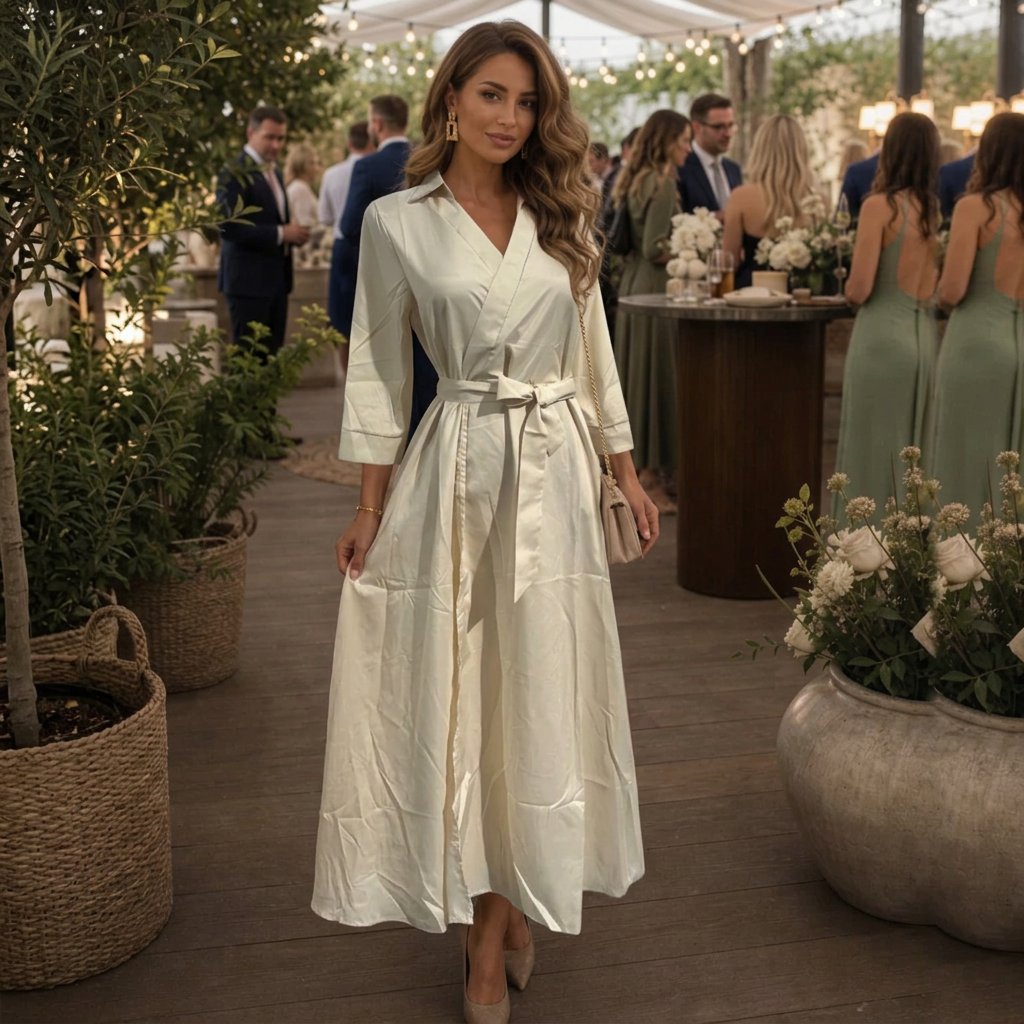 Women's beige short sleeve collared wrap midi dress with tie waist. Perfect for casual or elegant spring/summer wear.