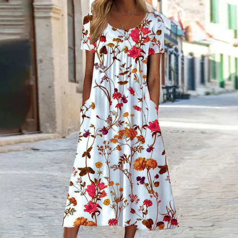 Boho chic Amarae floral maxi dress for women, featuring a vibrant print, comfortable fit, and practical side pockets.