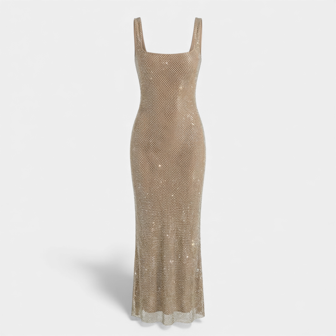 Beautiful women's square neck embellished maxi dress, sleeveless and designed for elegant parties.