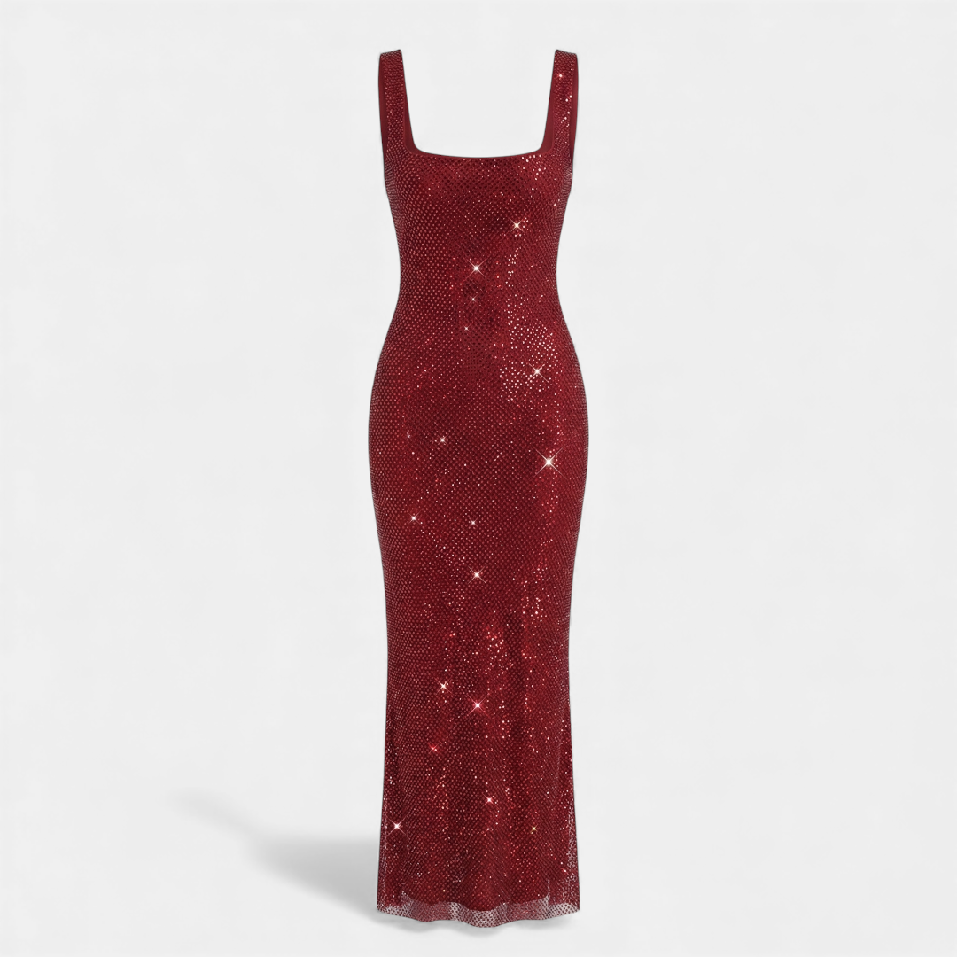 Sparkling embellished sleeveless maxi dress for women, ideal for special occasion evenings.
