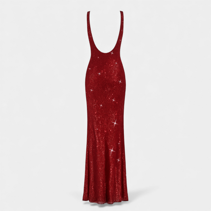 Chic women's party maxi dress with square neck, low back, and intricate embellishments.