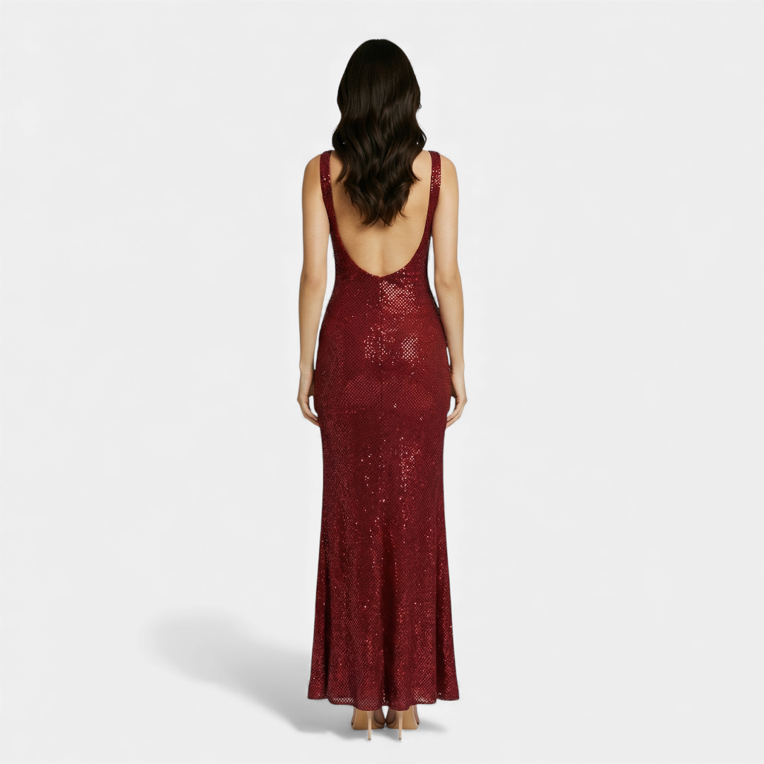 Sophisticated women's square neck, low back embellished maxi dress for elegant parties.