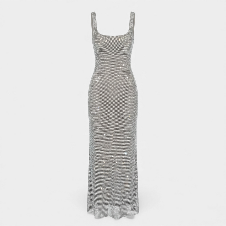 Flowing women's embellished maxi dress, sleeveless design with a stylish square neck & low back.