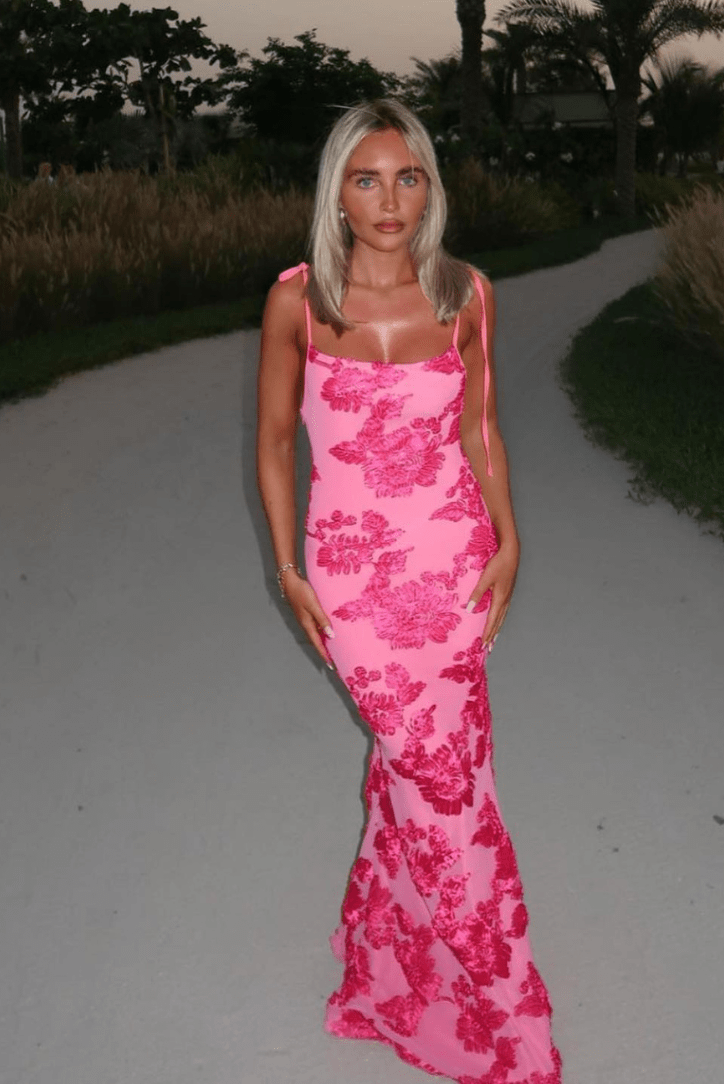 Women's romantic floral embroidered maxi dress, elegant and long, perfect for summer occasions and parties.