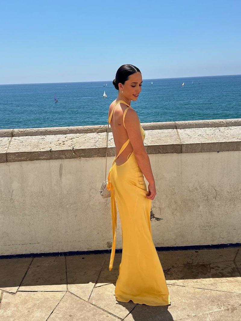 Chic navy backless maxi dress, perfect as a stylish long evening or cocktail dress.