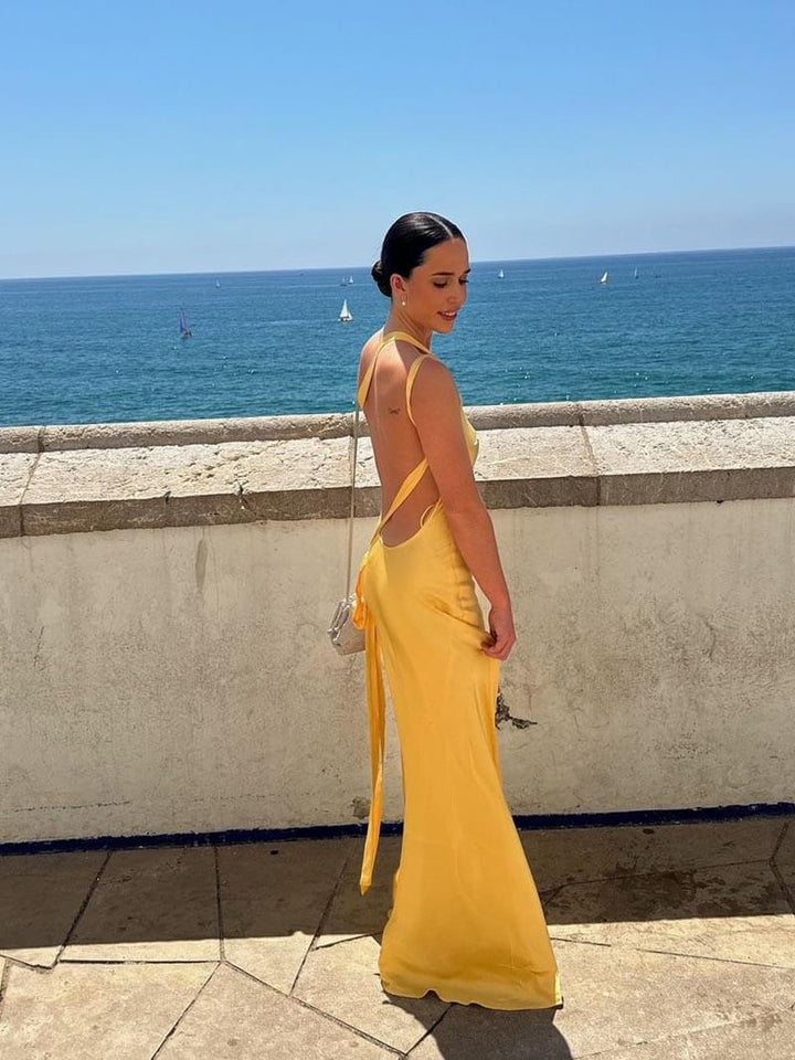 Chic navy backless maxi dress, perfect as a stylish long evening or cocktail dress.