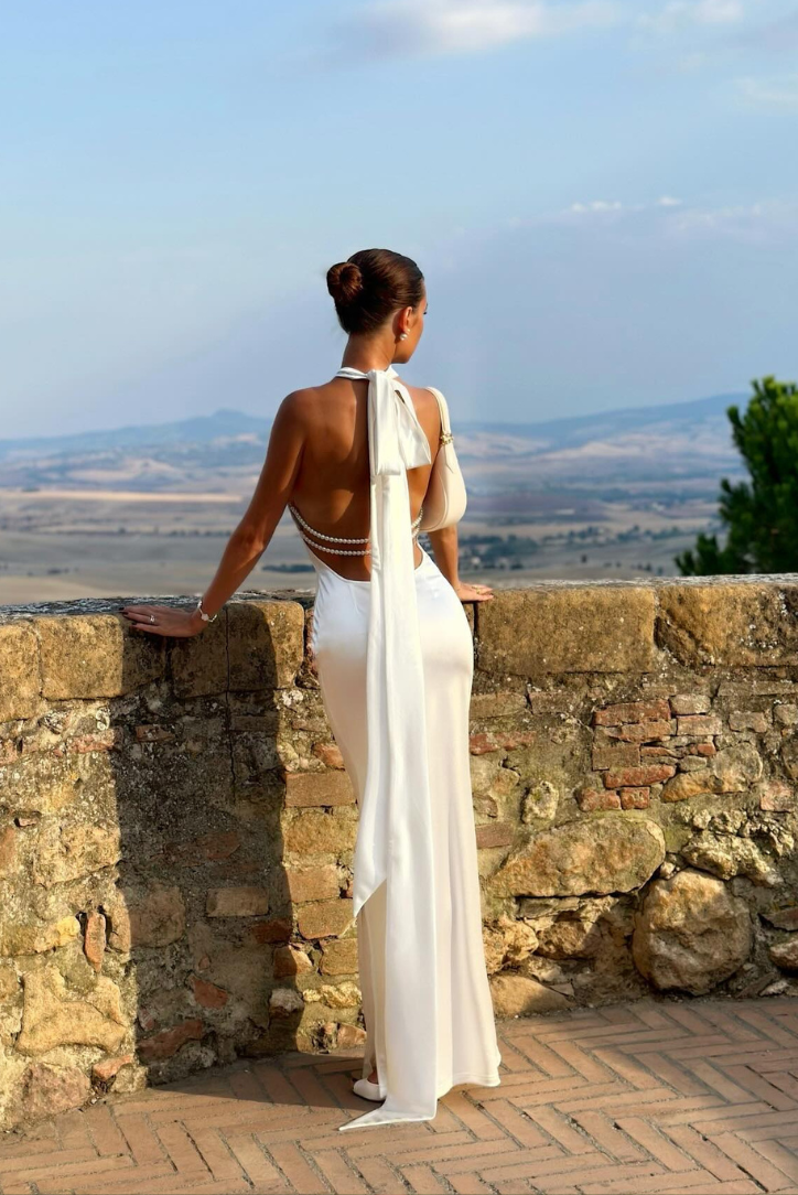 Elegant white pearl embellished maxi dress for women, perfect for formal events & special occasions.