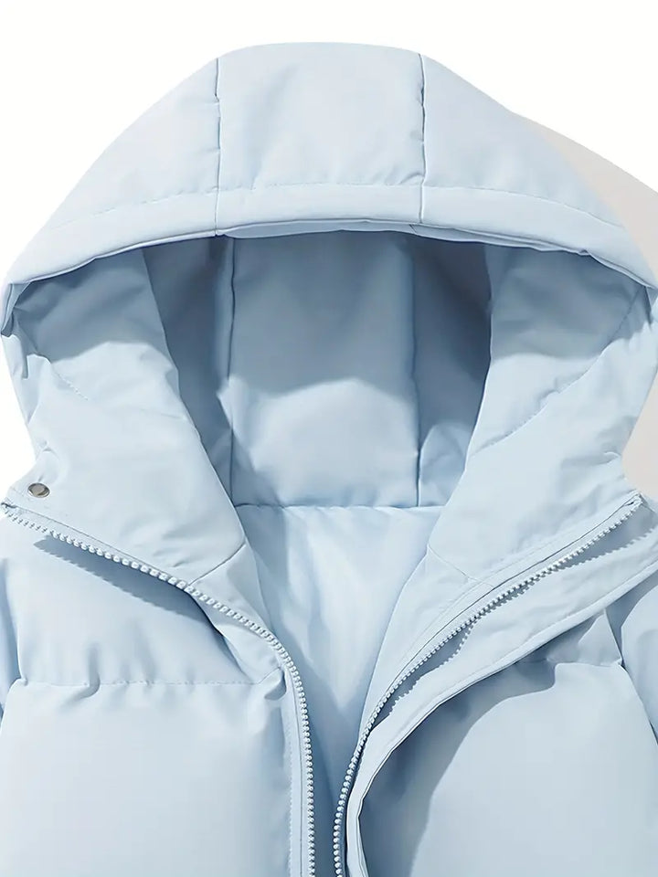 Front view: Men's classic warm hooded jacket, featuring zip-up closure & hood.