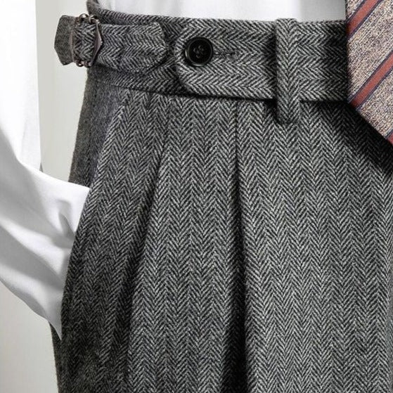 Men's versatile gray belted dress pants for everyday style, perfect for office or smart casual wear.