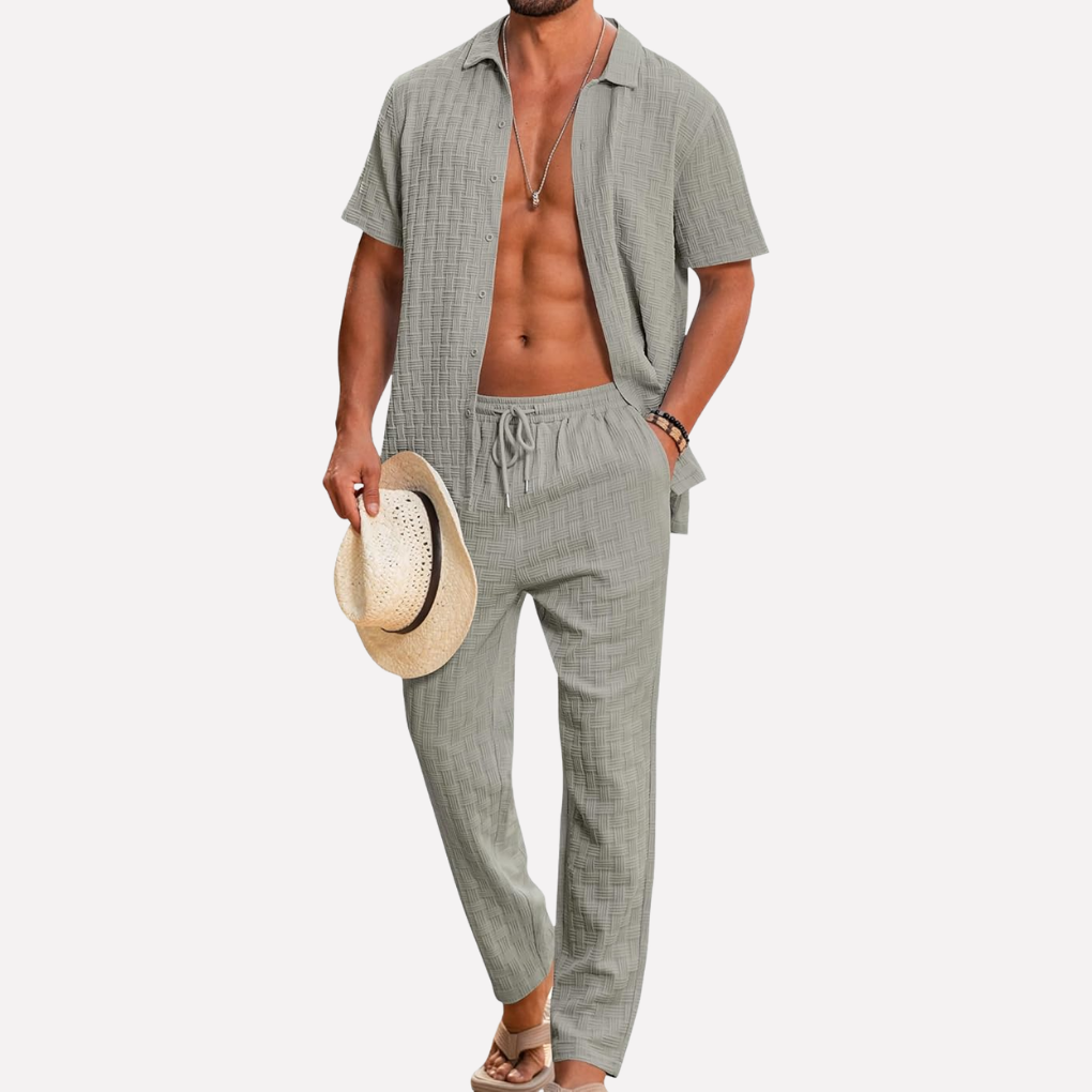 Casual men's textured shirt and matching relaxed trousers, ideal for summer outfits.